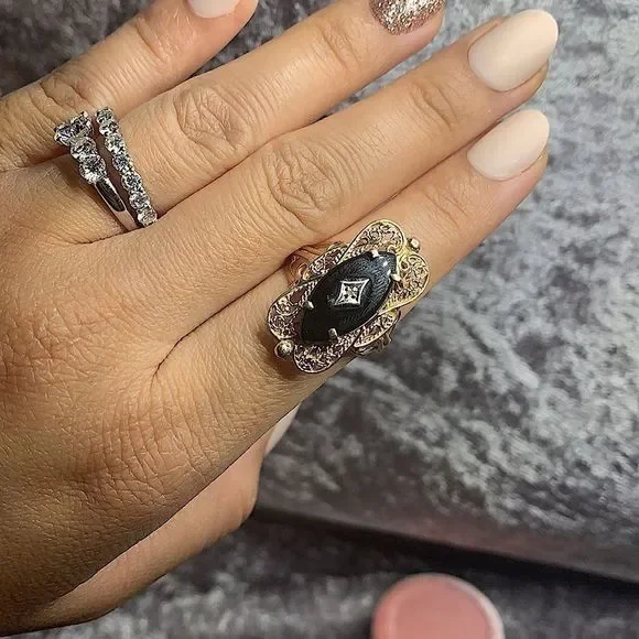 Vintage onyx solid 14kt real gold - Picture 6 of 11